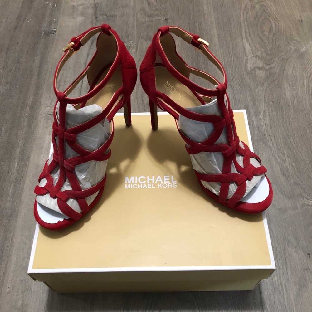 New! Michael Michael Kors Sandra Red Platform Strappy Heel